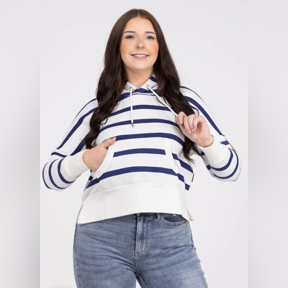 Wanakome Layna Women’s Cropped Hoodie XS White Navy Stripe Kangaroo Pocket